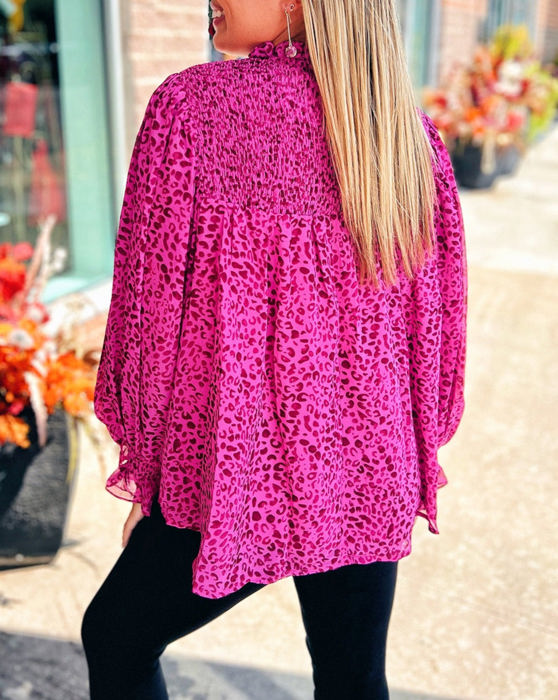 HIDDEN GEMS Leopard Smocked Flowy Blouse