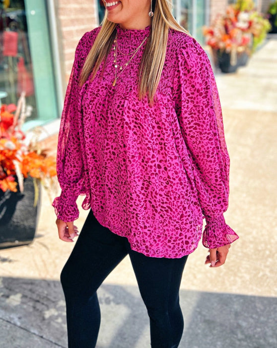 HIDDEN GEMS Leopard Smocked Flowy Blouse