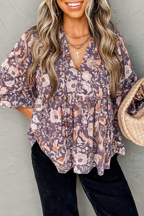 HIDDEN GEMS | Boho Floral 3/4 Sleeve Babydoll Blouse
