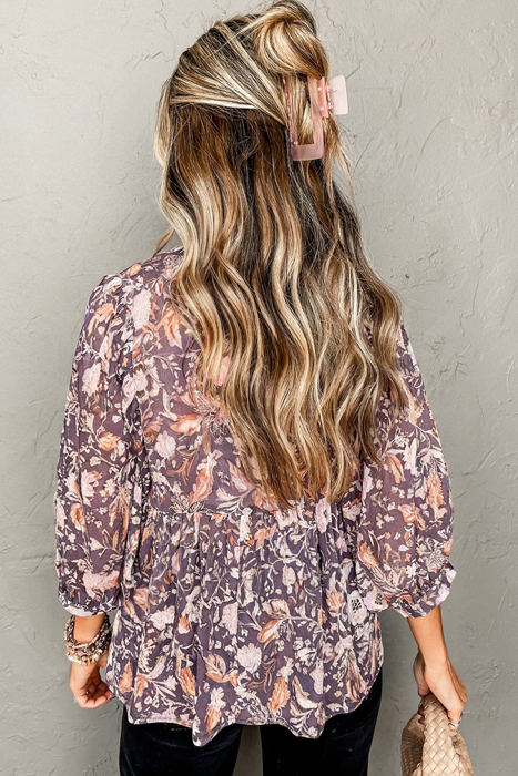 HIDDEN GEMS | Boho Floral 3/4 Sleeve Babydoll Blouse