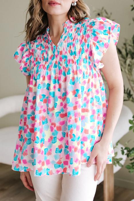 HIDDEN GEMS | Abstract Shirred Ruffle Sleeve Blouse
