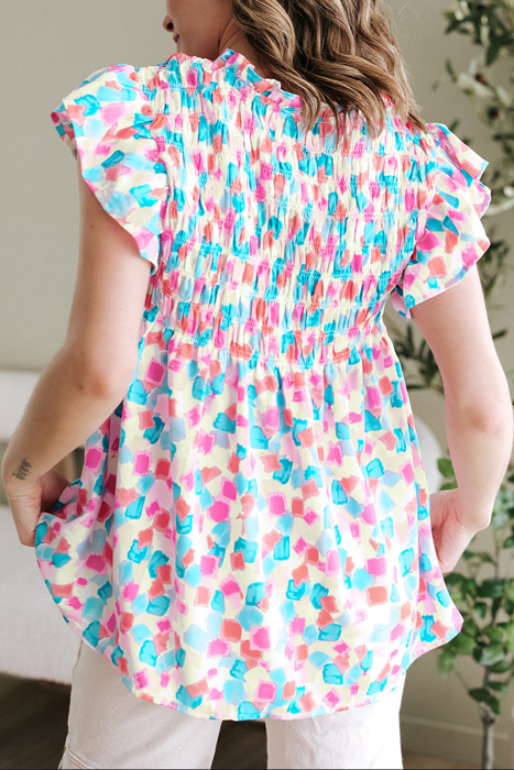 HIDDEN GEMS | Abstract Shirred Ruffle Sleeve Blouse