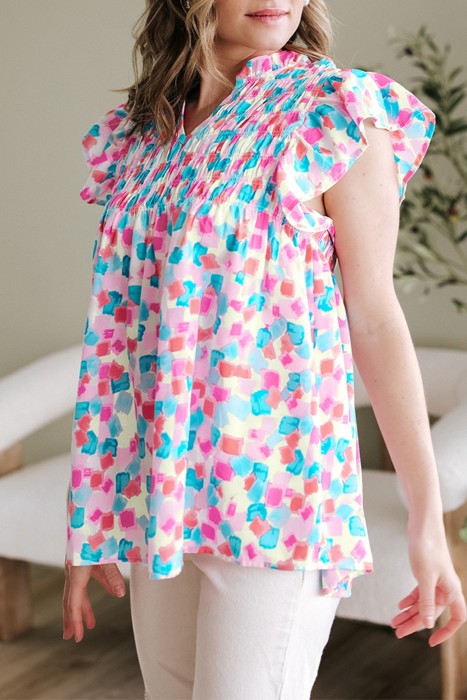 HIDDEN GEMS | Abstract Shirred Ruffle Sleeve Blouse