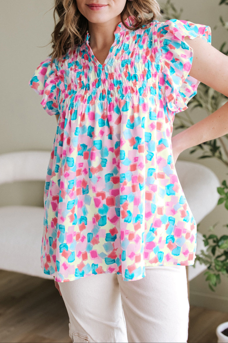 HIDDEN GEMS | Abstract Shirred Ruffle Sleeve Blouse