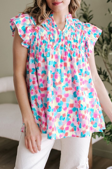 HIDDEN GEMS | Abstract Shirred Ruffle Sleeve Blouse