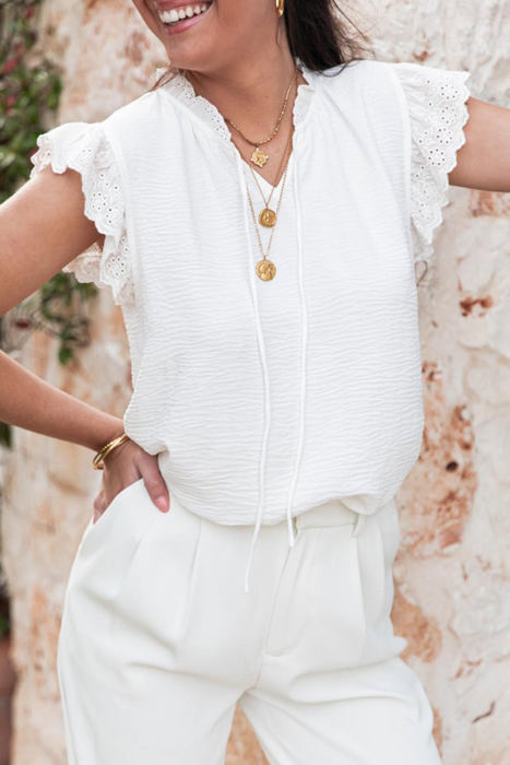 HIDDEN GEMS Eyelet Contrast Textured Top