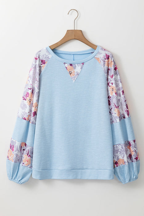 HIDDEN GEMS | Floral Patchwork Balloon Sleeve Ribbed Blouse