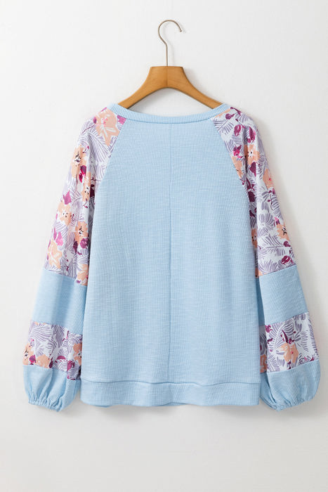 HIDDEN GEMS | Floral Patchwork Balloon Sleeve Ribbed Blouse