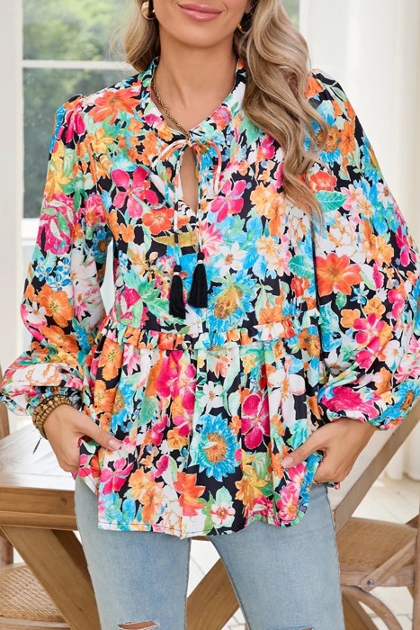 HIDDEN GEMS Floral Tassel Blouse