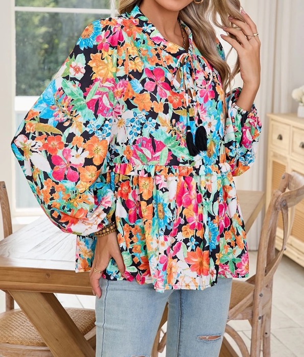 HIDDEN GEMS Floral Tassel Blouse