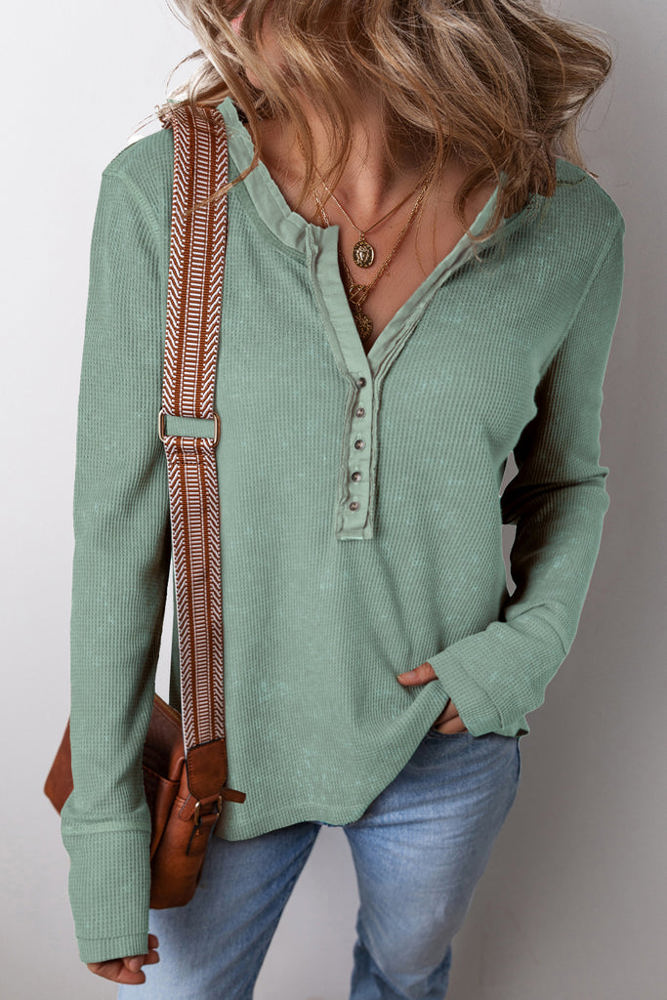 TRENDY WASHED HENLEY WAFFLE TOP