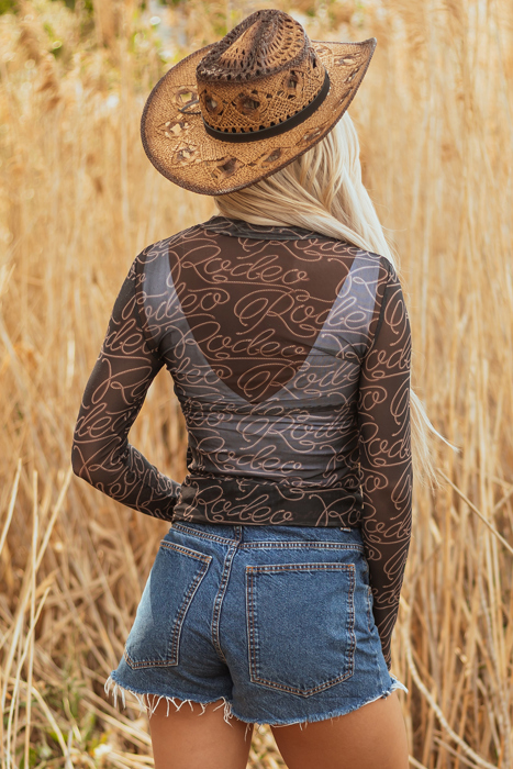 HIDDEN GEMS | Western Rodeo Mesh Mock Neck Top