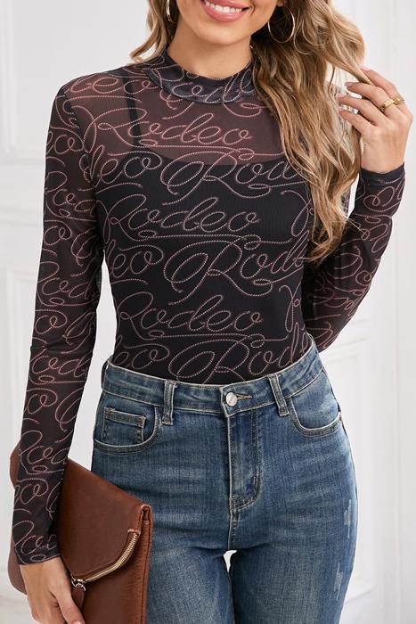 HIDDEN GEMS | Western Rodeo Mesh Mock Neck Top