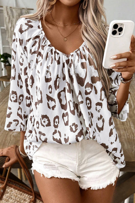 HIDDEN GEMS Leopard Shirred Blouse