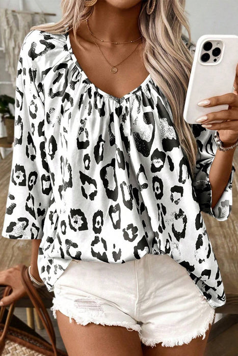 HIDDEN GEMS Leopard Shirred Blouse