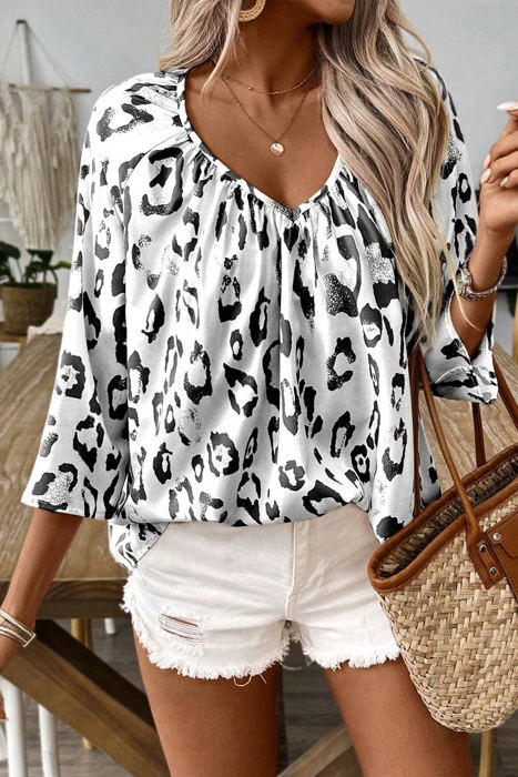 HIDDEN GEMS Leopard Shirred Blouse