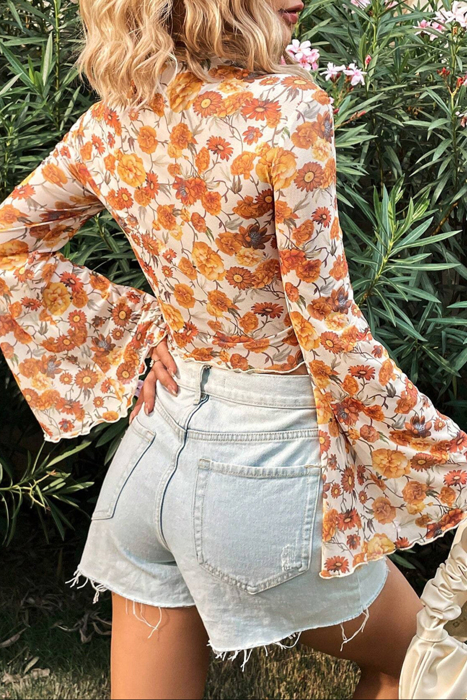 HIDDEN GEMS | Floral Bell Sleeve Mock Neck Blouse