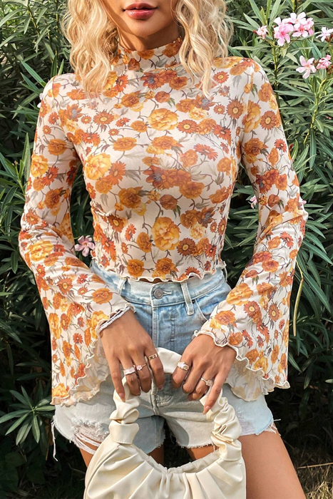 HIDDEN GEMS | Floral Bell Sleeve Mock Neck Blouse