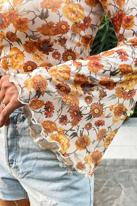HIDDEN GEMS | Floral Bell Sleeve Mock Neck Blouse
