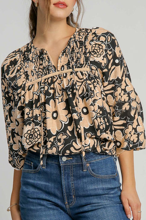 HIDDEN GEMS Floral Smocked Textured Blouse