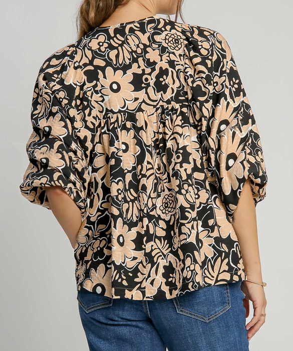 HIDDEN GEMS Floral Smocked Textured Blouse