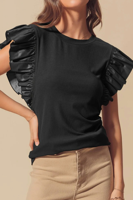 HIDDEN GEMS Ruffle Faux Leather Sleeve Top