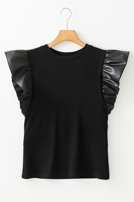 HIDDEN GEMS Ruffle Faux Leather Sleeve Top