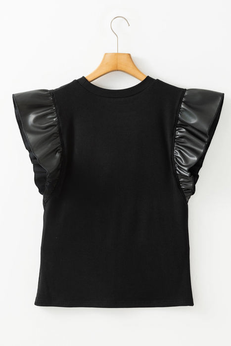 HIDDEN GEMS Ruffle Faux Leather Sleeve Top