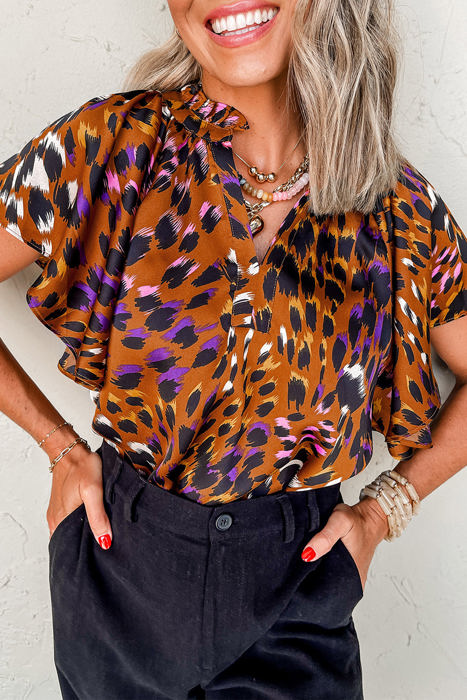 HIDDEN GEMS Artsy Leopard Ruffle Top