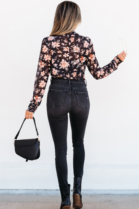 HIDDEN GEMS Floral Mesh Fitted Top