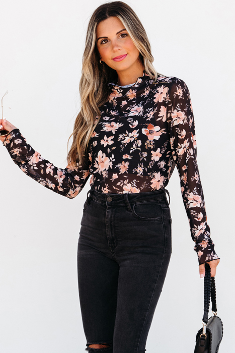 HIDDEN GEMS Floral Mesh Fitted Top