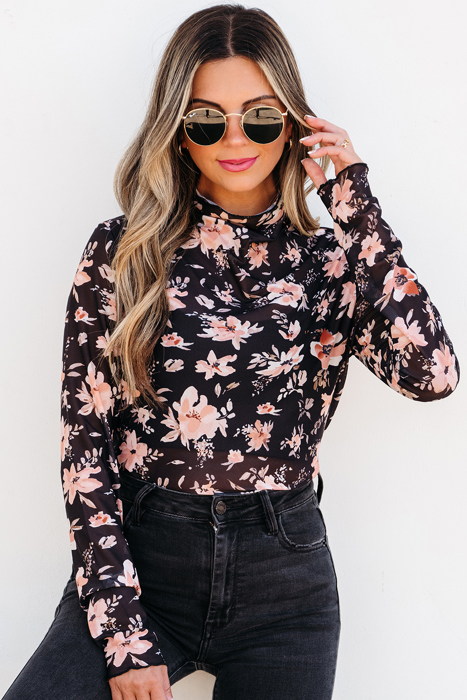 HIDDEN GEMS Floral Mesh Fitted Top