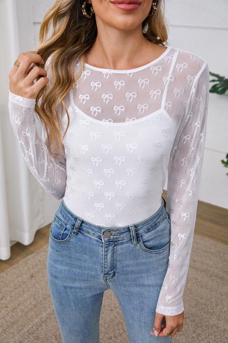 HIDDEN GEMS Cute Bow Mesh Fitted Top