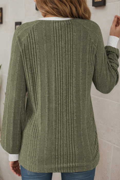 HIDDEN GEMS | Solid Ribbed Contrast Trim Long Sleeve Top