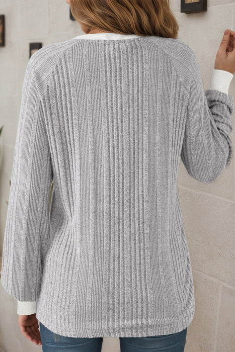 HIDDEN GEMS | Solid Ribbed Contrast Trim Long Sleeve Top