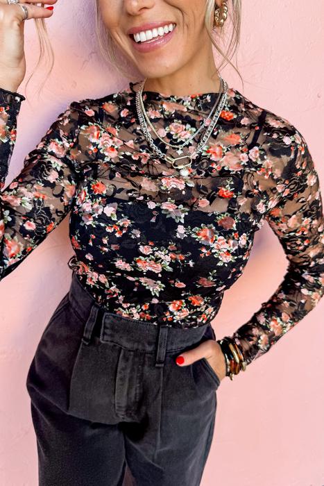 HIDDEN GEMS Romantic Floral Mesh Top