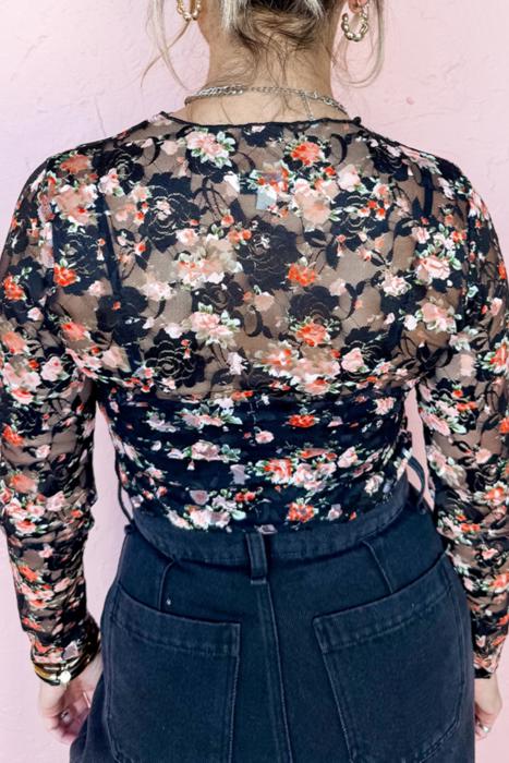 HIDDEN GEMS Romantic Floral Mesh Top