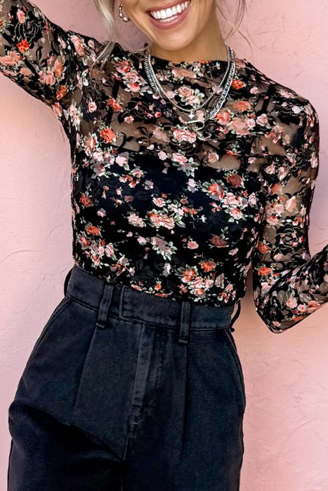 HIDDEN GEMS Romantic Floral Mesh Top