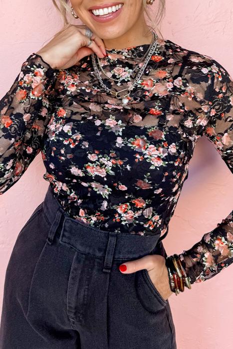 HIDDEN GEMS Romantic Floral Mesh Top