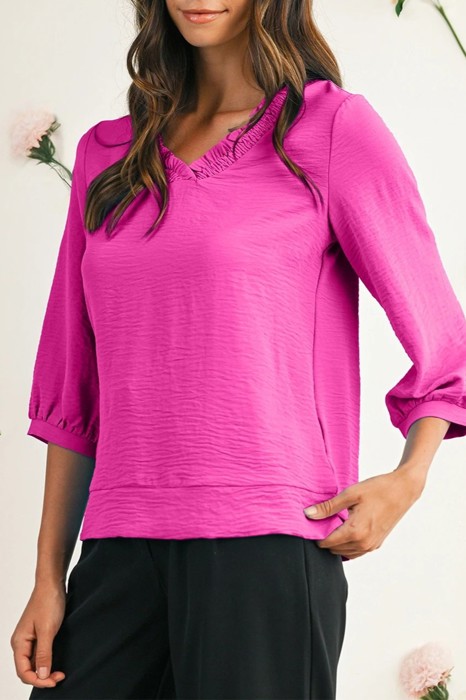 HIDDEN GEMS | Frilled V-Neck 3/4 Sleeve Blouse