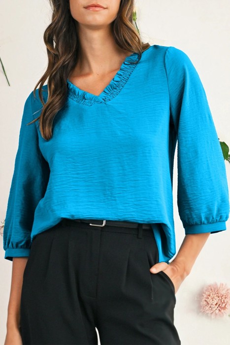 HIDDEN GEMS | Frilled V-Neck 3/4 Sleeve Blouse