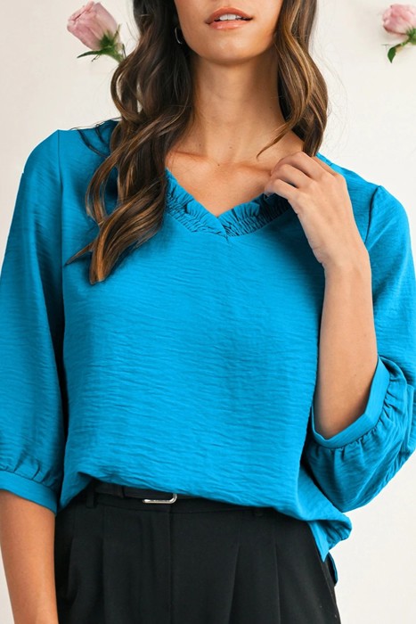 HIDDEN GEMS | Frilled V-Neck 3/4 Sleeve Blouse