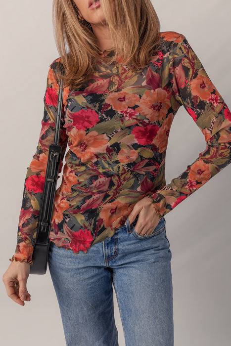 HIDDEN GEMS | Floral Mesh Lettuce Trim Long Sleeve Top
