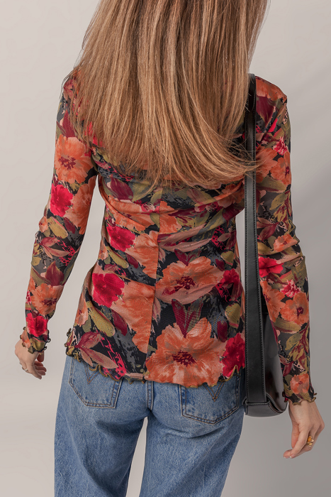 HIDDEN GEMS | Floral Mesh Lettuce Trim Long Sleeve Top