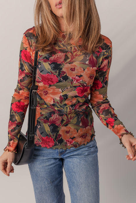 HIDDEN GEMS | Floral Mesh Lettuce Trim Long Sleeve Top