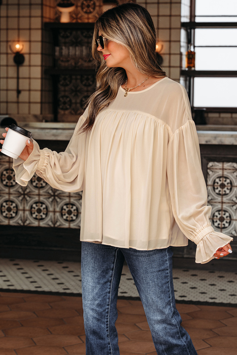 HIDDEN GEMS | Chiffon Pleated Ruffle Long Sleeve Blouse