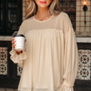  HIDDEN GEMS | Chiffon Pleated Ruffle Long Sleeve Blouse