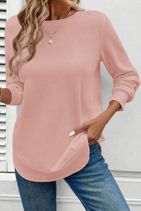 HIDDEN GEMS | Solid Waffle Knit Long Sleeve Top