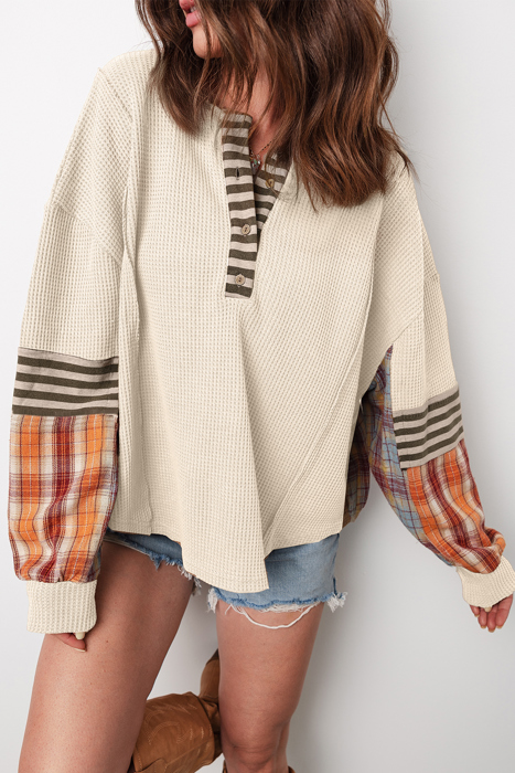 HIDDEN GEMS | Plaid Patchwork Waffle Knit Top