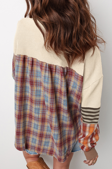 HIDDEN GEMS | Plaid Patchwork Waffle Knit Top